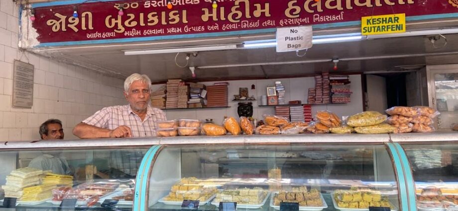 Halwas, Mithayi and Faral on display for customers at Joshi Budhakaka Mahim Halwawala shop.